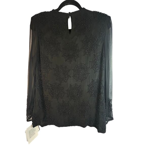 Nipon night vintage silk blouse circular beaded application Sheer sleeves chest. - Picture 2 of 7